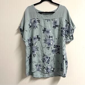 Lungo Larno Tunic Top Blue Floral 100% Linen Size 3X Lagenlook Artsy